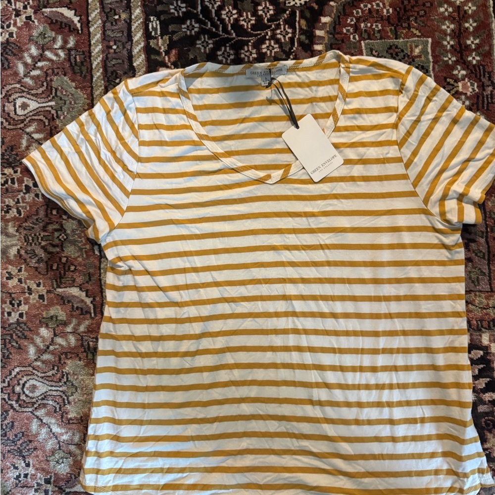 NWT Green Envelope Mustard and White Striped V-Neck Tee 100% cotton